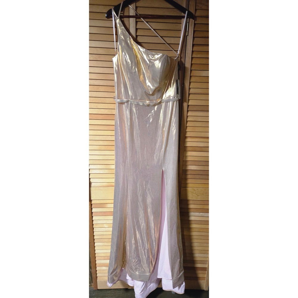 Nox Anabel Style M327 Gold Pink Metallic One Shoulder Formal Gown Maxi Dress